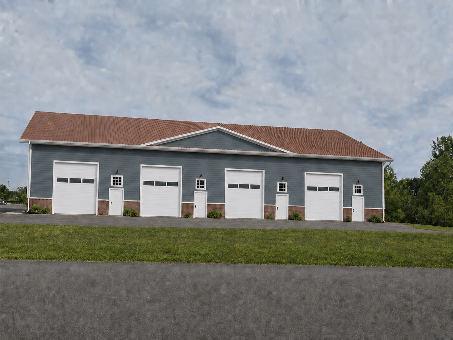 Finished exterior rendering of a Big Lake Car Condos 2 building with blue-gray siding, white commercial doors and a reddish-brown roof