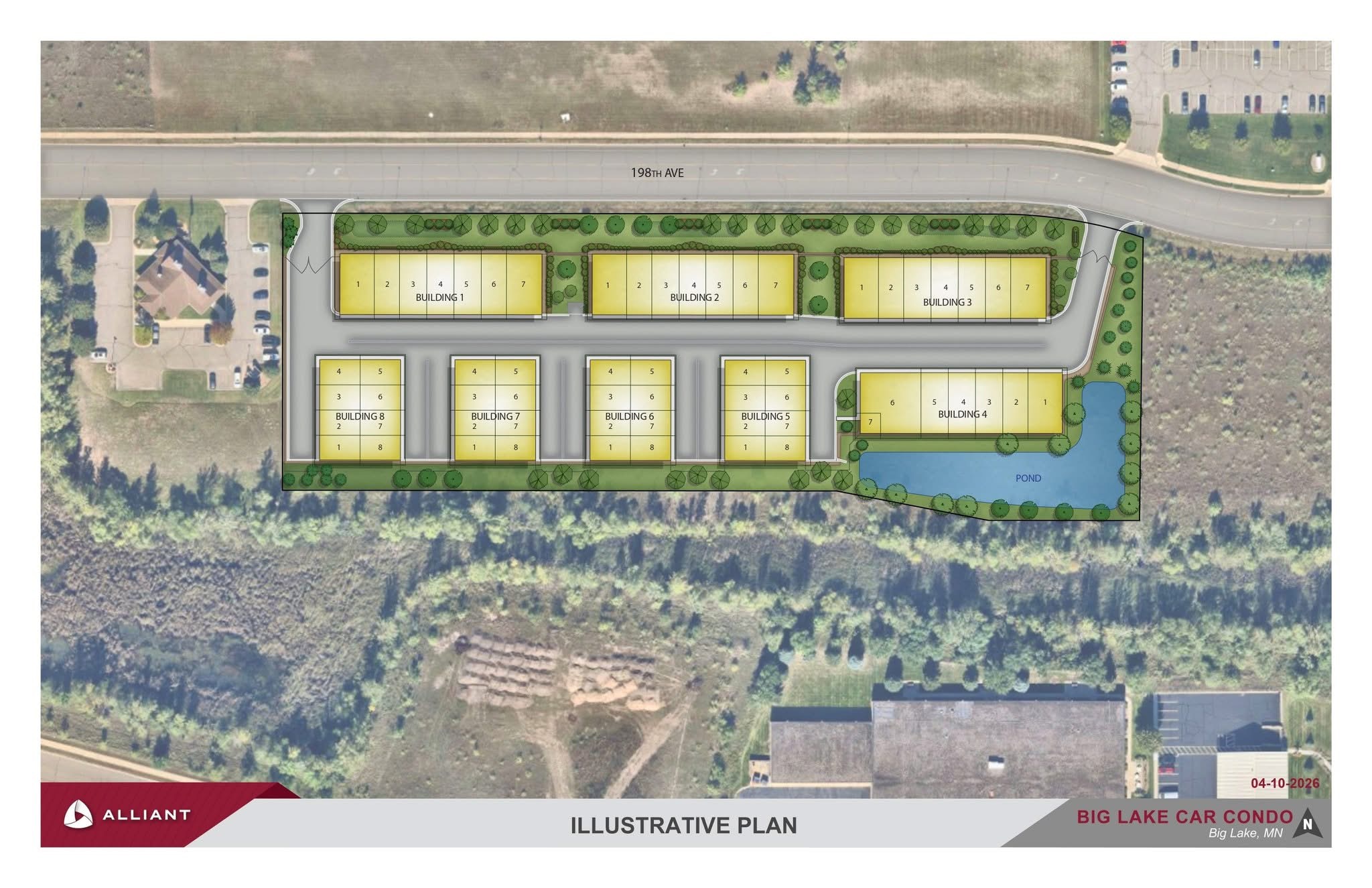 Illustrative site plan for Big Lake Car Condos 2 showing eight buildings and the pond along 198th Avenue